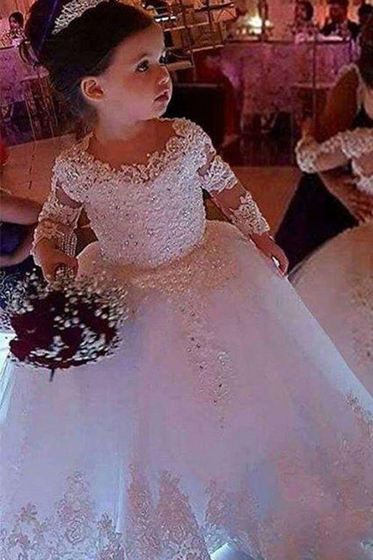 Fashion Long Sleeves Appliques Beads Ball Gown Flower Girl Dresses