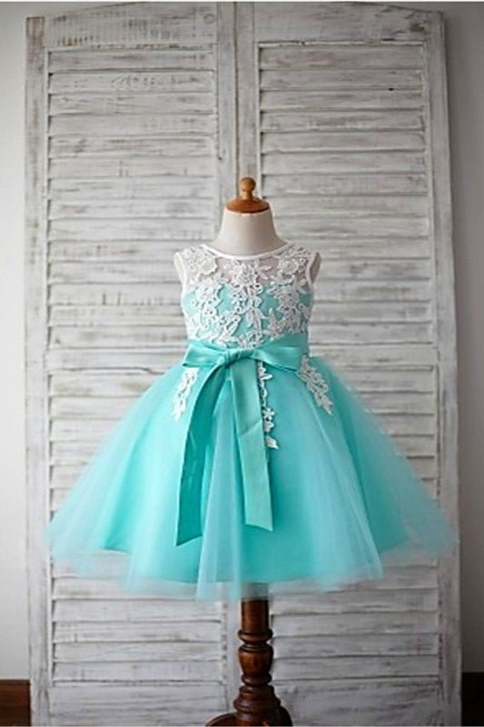 Mint Tulle A-Line Lace Appliques Flower Girl Dresses with Bowknot