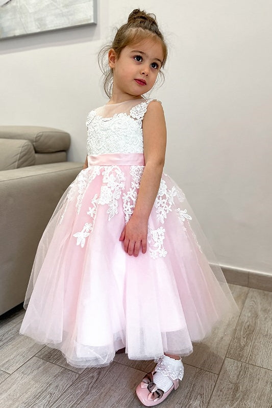 Lovely Pink and White Tulle Appliques Sleeveless Flower Girl Dresses