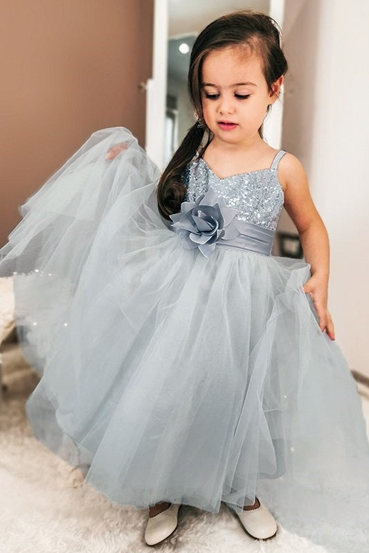 Gray Tulle Straps Sequins Tulle Flower Girl Dresses