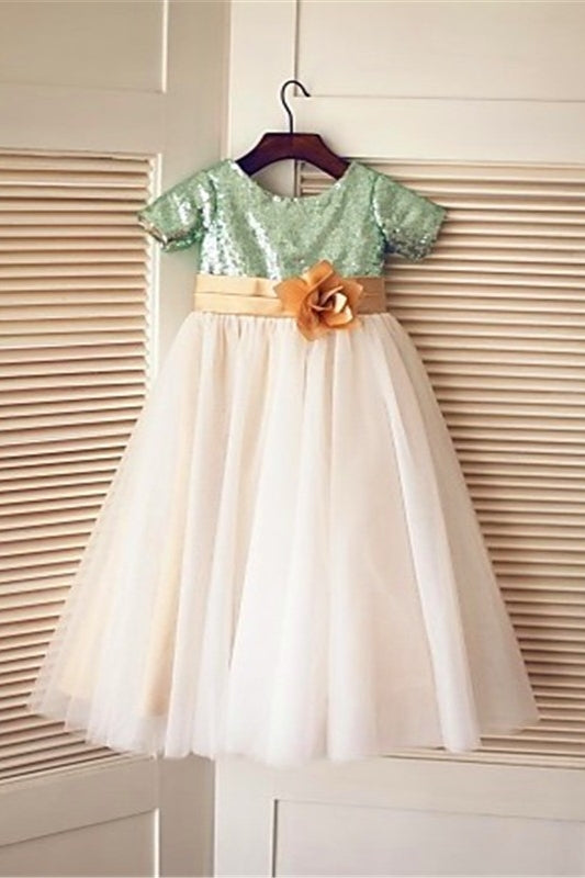 Green and White Sequins Tulle Short Sleeves Flower Girl Dresses