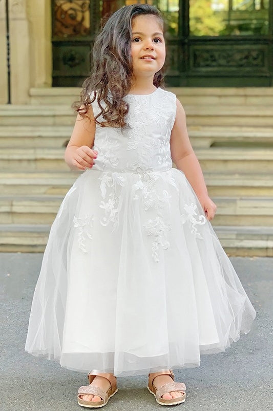 Simple White Sleeveless Appliques Flower Girl Dresses