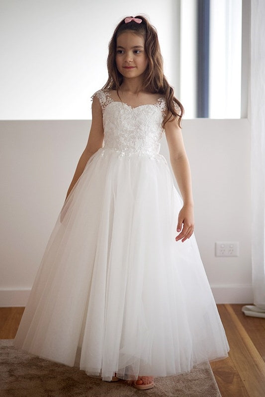 Elegant White Tulle Appliques Bowknot Flower Girl Dresses