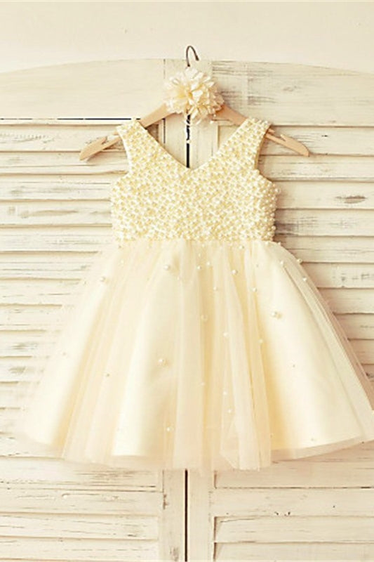 Lovely Champagne V-Neck Sleeveless Flower Girl Dresses with Beadings