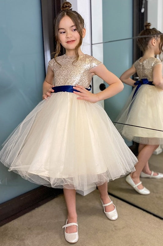 Light Champagne Cap Sleeves Sequins Flower Girl Dresses