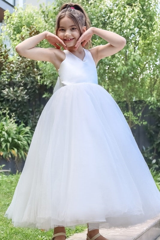 Newest White V-Neck Sleeveless Criss-Cross Flower Girl Dresses