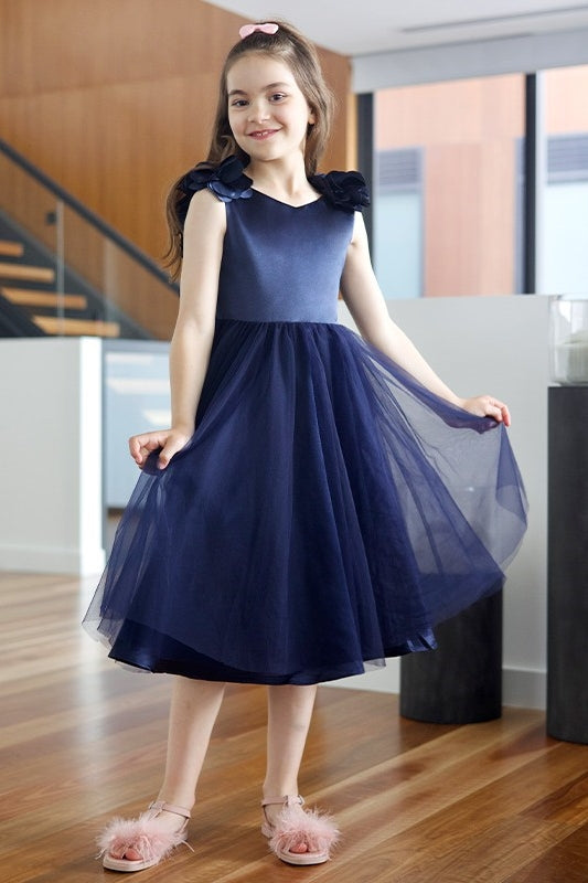 Cool Navy Blue V-Neck A-Line Flower Girl Dresses with Flowers