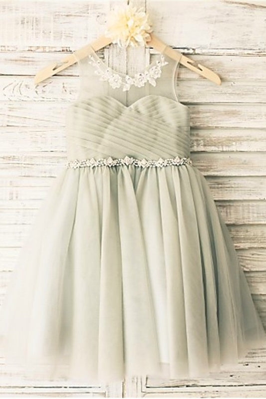 Fashion Gray Ruffles A-Line Tulle Appliques Crystal Flower Girl Dress