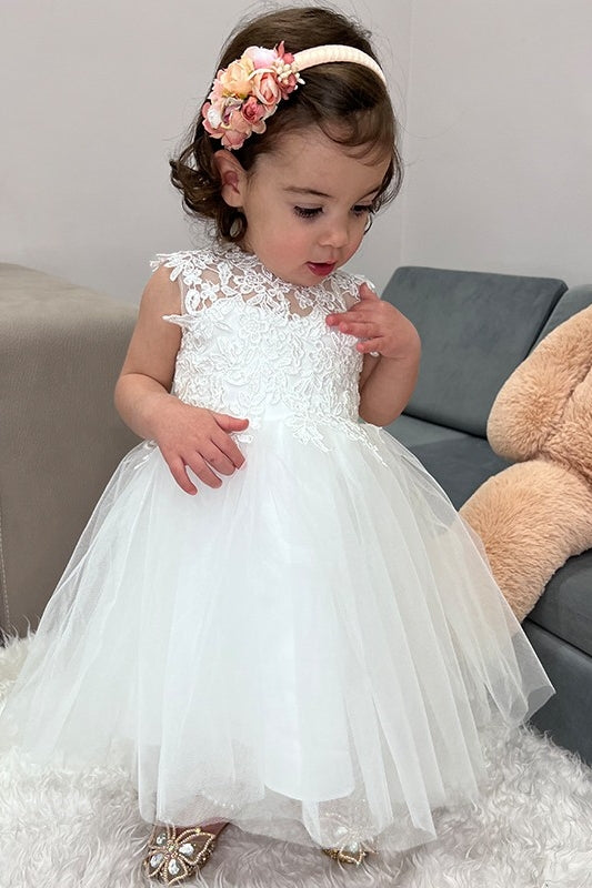 Lovely White Appliques Jewel Sleeveless Open Back Flower Girl Dress