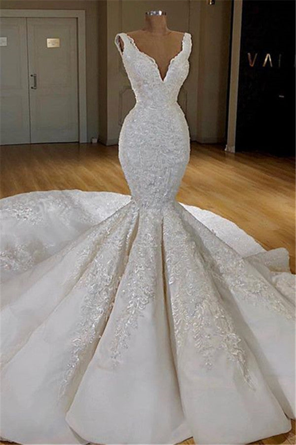 Straps Ruffled Mermaid Lace Appliques Wedding Bridal Dresses