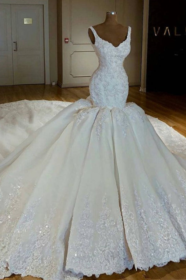 Sleeveless Appliques Puffy Ruffled Skirt Mermaid Wedding Dress