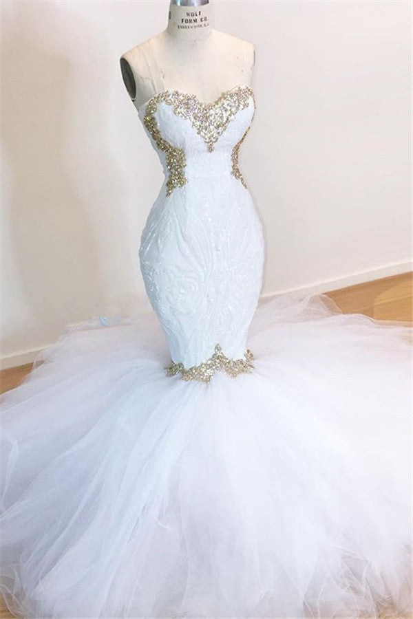 Strapless Sexy Mermaid Puffy Tulle Wedding Dress with Gold Beads