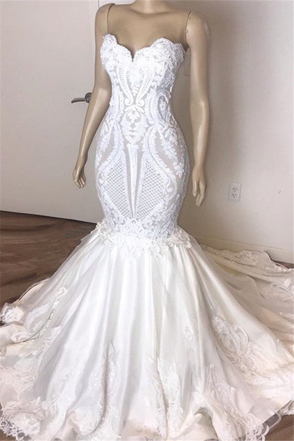 Strapless Sexy Open Back Mermaid Lace Appliques Wedding Dress