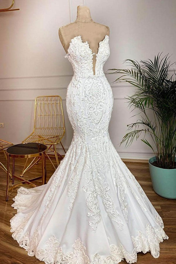 Sexy Strapless Appliques Sweep Train Mermaid Wedding Dress