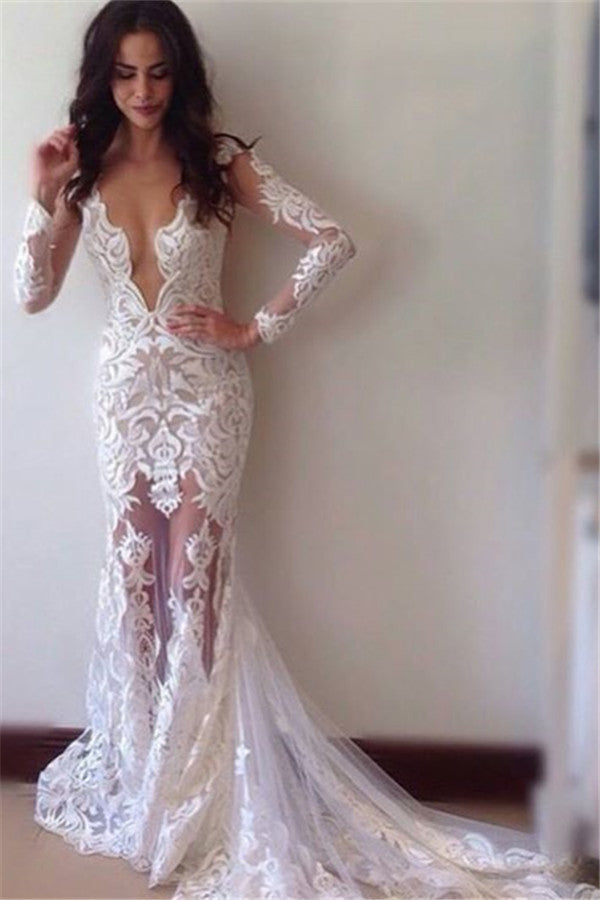 Sexy Sheer Tulle Long Sleeve Sheath Lace Beach Wedding Dress