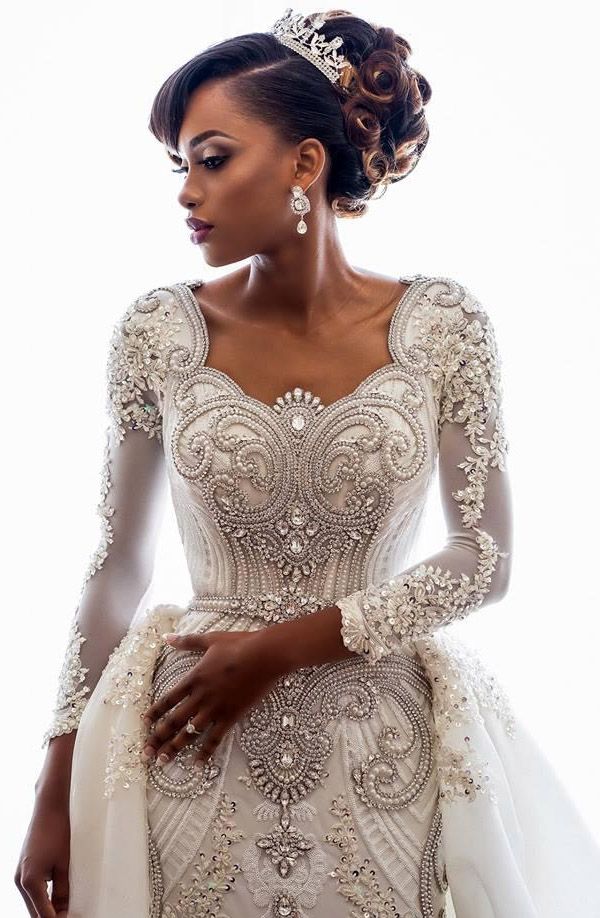 Ada Luxury Long Sleeve Beadings Crystals Tulle Overskirt Wedding Dress