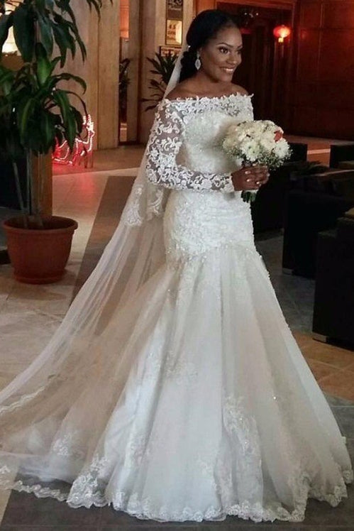 Afra Lace Long Sleeve Off The Shoulder Tulle Skirt Wedding Dress