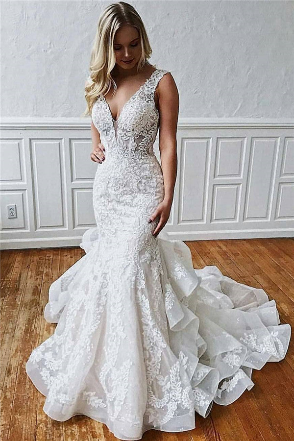 Agnes Straps Lace Appliques Ruffled Tulle Mermaid Open Back Wedding Dress