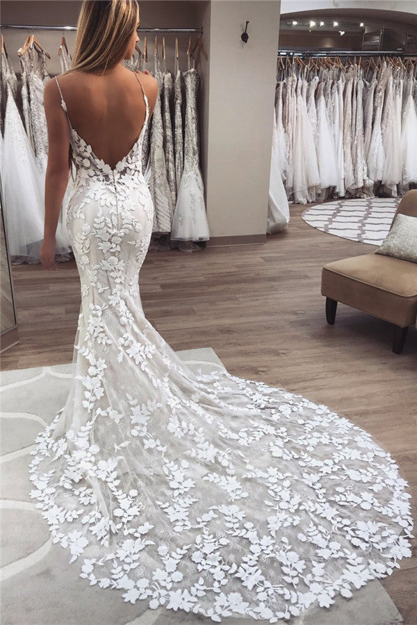 Alexandra Spaghetti Straps Backless Sexy Mermaid Lace Wedding Dress