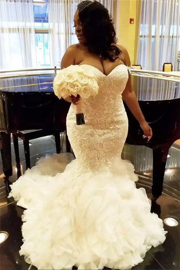 Alma Sexy Strapless Mermaid Tulle Plus Size Bridal Lace Wedding Dress