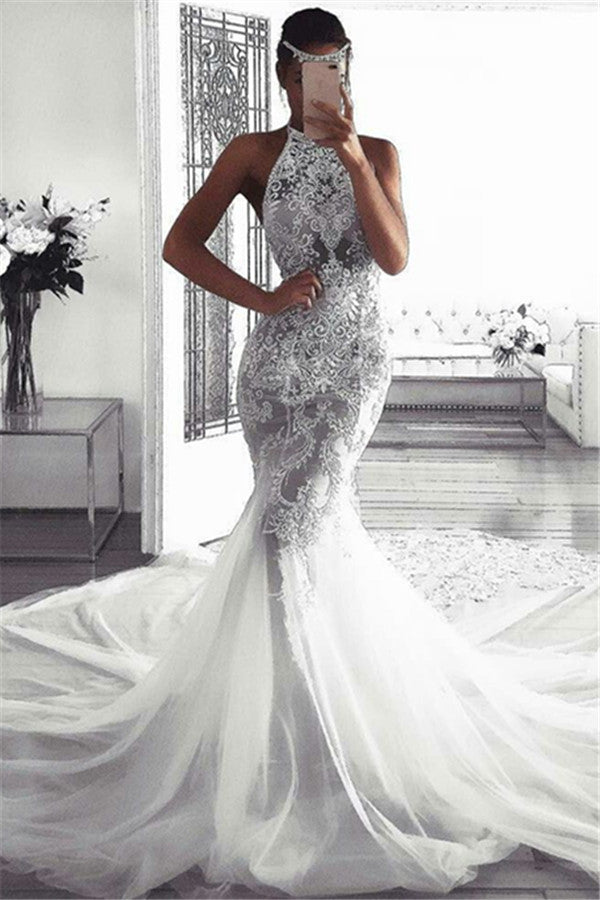 Amanda Lace Appliques Sexy Sheer Tulle Mermaid Wedding Dress