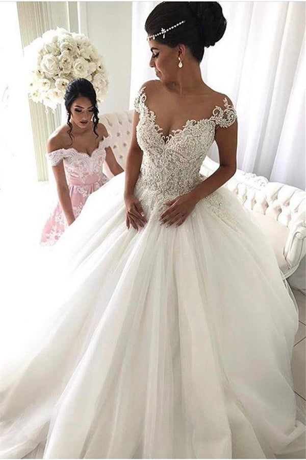 Angela Cap Sleeves Beadings Sheer Tulle Ball Gown Princess Wedding Dress