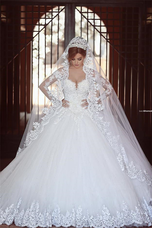 Ann Long Sleeve Puffy Tulle Ball Gown Wedding Dress with Lace