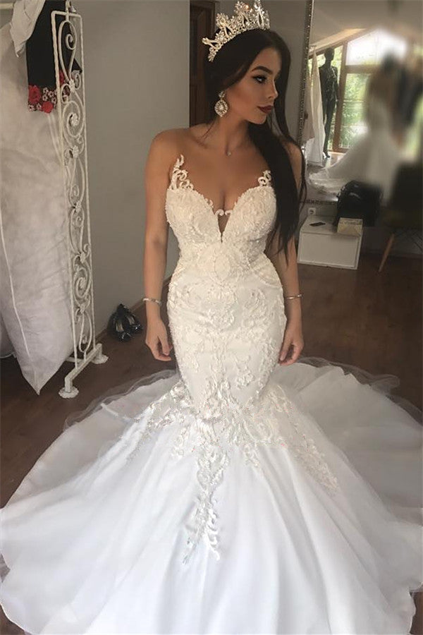 Anna Sleeveless Mermaid Sexy Sleeveless Sheer Tulle Back Wedding Dress