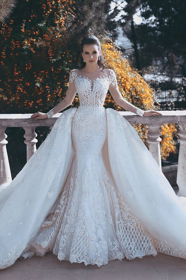 Apphia Luxurious Long Sleeve Lace Mermaid Wedding Dress with Tulle Overskirt