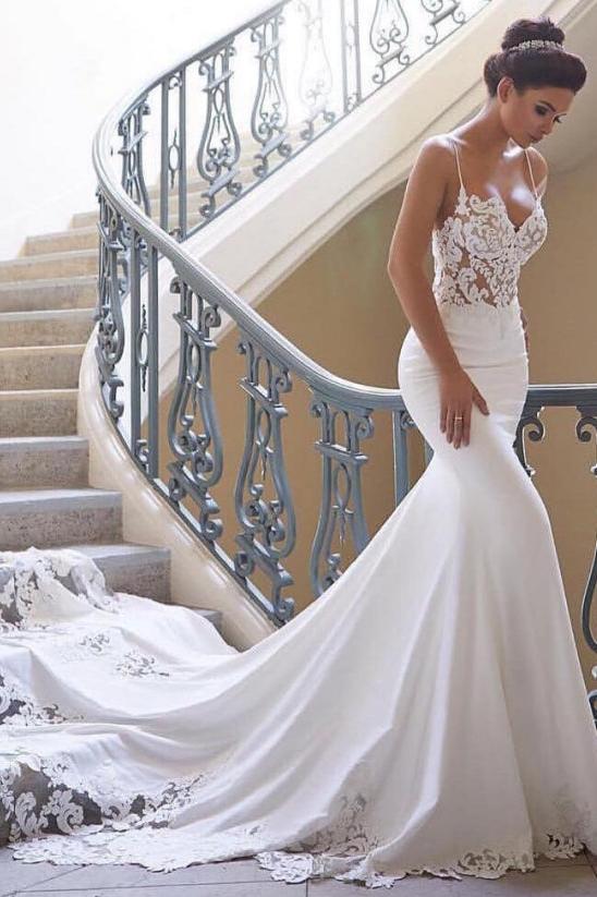 Spaghetti Straps Lace Appliques Court Train Mermaid Wedding Dress