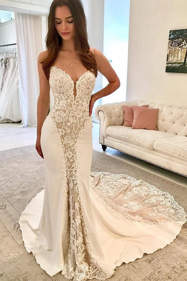 Sexy Spaghetti Straps Lace Satin Bridal Wedding Dress with Court Train