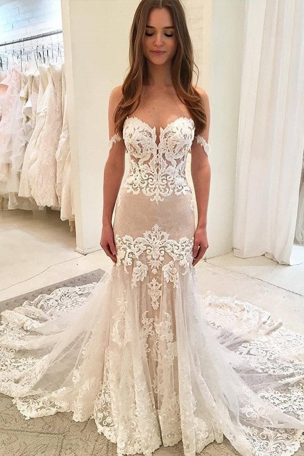 Sexy Off The Shoulder Appliques Tulle Wedding Dress with Court Train