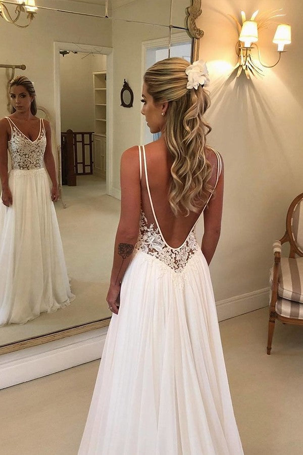 Deep V-neck Open Back Chiffon Wedding Dress with Appliques