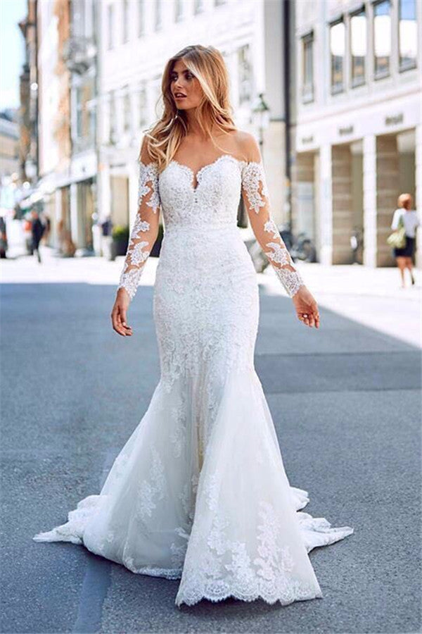 Long Sleeve Mermaid Sheer Tulle Wedding Dress with  Lace Appliques