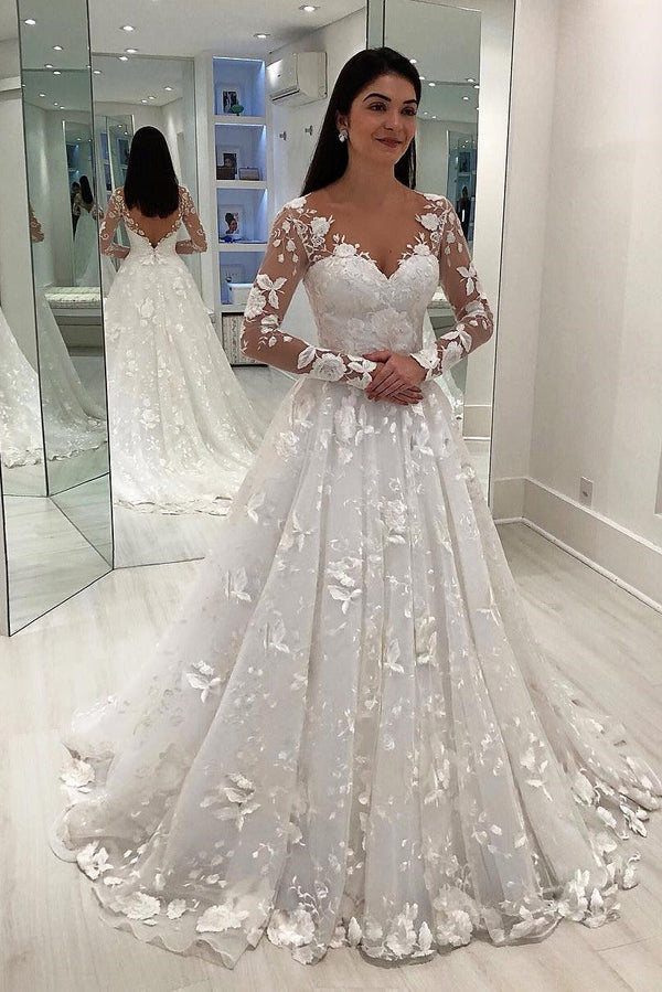 Long Sleeve Open Back Princess Lace Wedding Dress with Floral Appliques