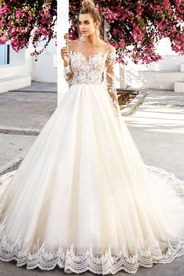 Long Sleeve Lace Appliques Light Champagne Ball Gown Wedding Dress