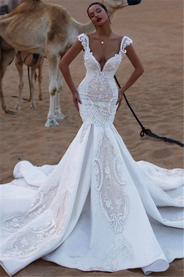 Gorgeous Lace Appliques Sleeveless Mermaid Wedding Bridal Dresses