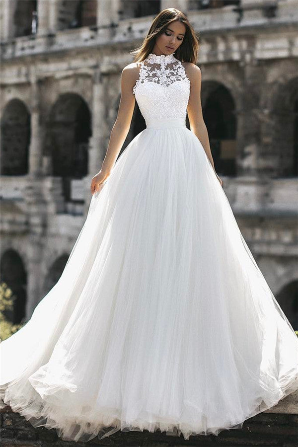 Sweet High Neck Sleeveless Tulle Princess Appliques Wedding Bridal Dresses