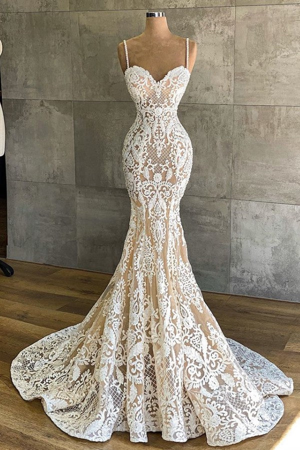 Sexy Spaghetti Straps Lace Mermaid Skintight Champagne Tulle Wedding Dress