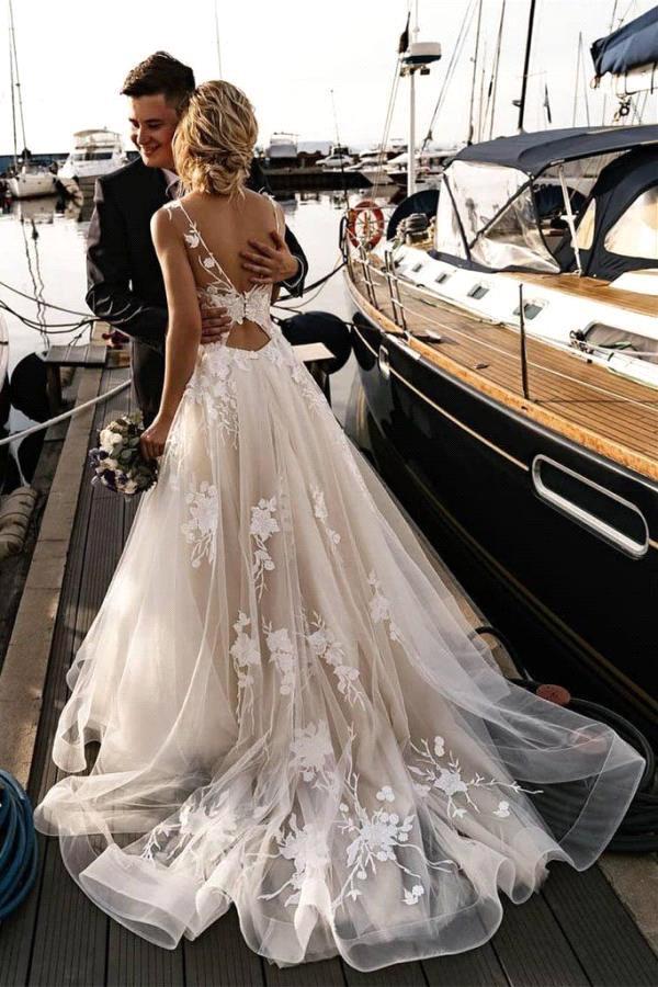 Trendy Light Champagne Tulle Open Back Bridal Beach Wedding Dress