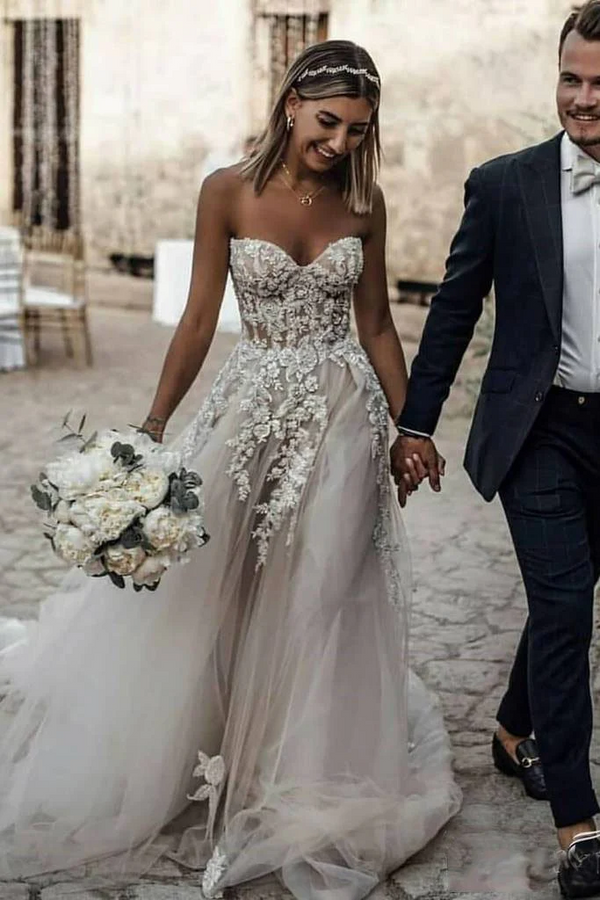 Strapless Champagne Tulle Open Back Sexy Slit Split Bridal Wedding Dress