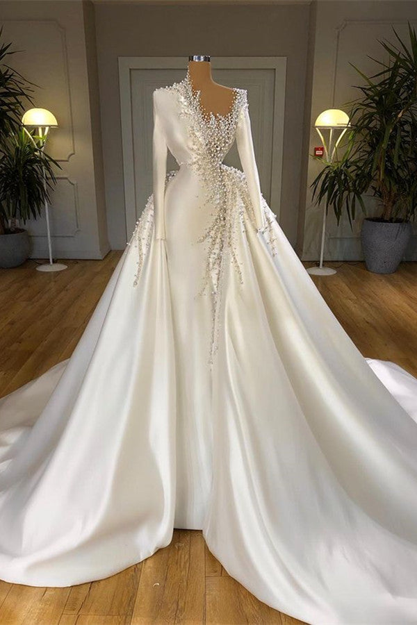 Luxury Beads Pearls Long Sleeve Overskirt Satin Wedding Bridal Dress