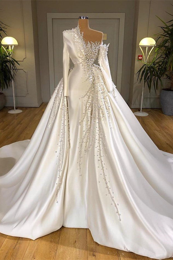 Princess Beads Pearls Long Sleeve Overskirt Bridal Satin Wedding Dress