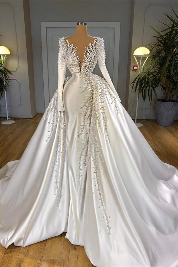 Luxury Pearls Long Sleeve Overskirt Satin Ball Gown Wedding Dress