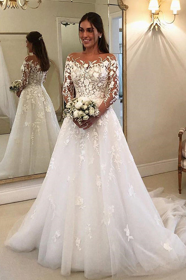 Elegant Long Sleeve Floral Appliques Tulle Wedding Dress for Bride