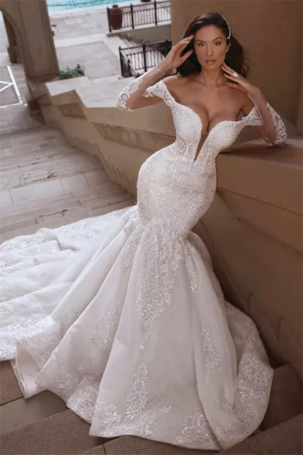 Off The Shoulder Long Sleeve Appliques Mermaid Wedding Dress