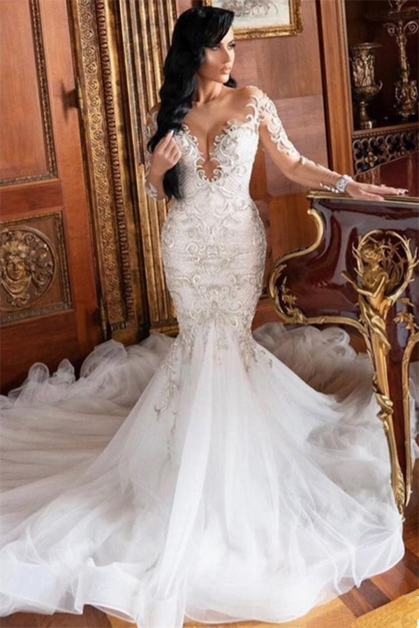 Mermaid Long Sleeve Beads Appliques Tulle Bridal Wedding Dress