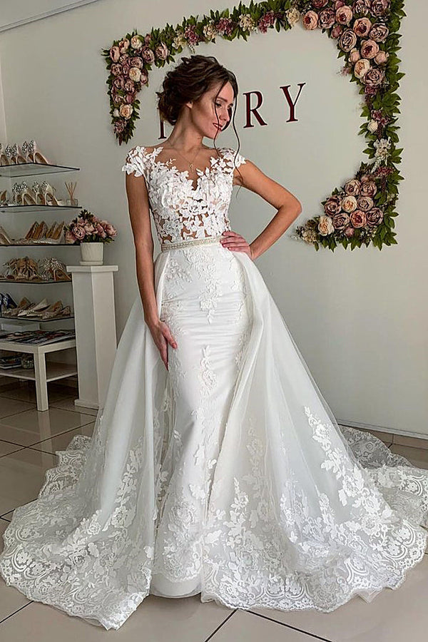 Elegant Lace Wedding Dress Tulle Overskirt Popular Bridal Gown