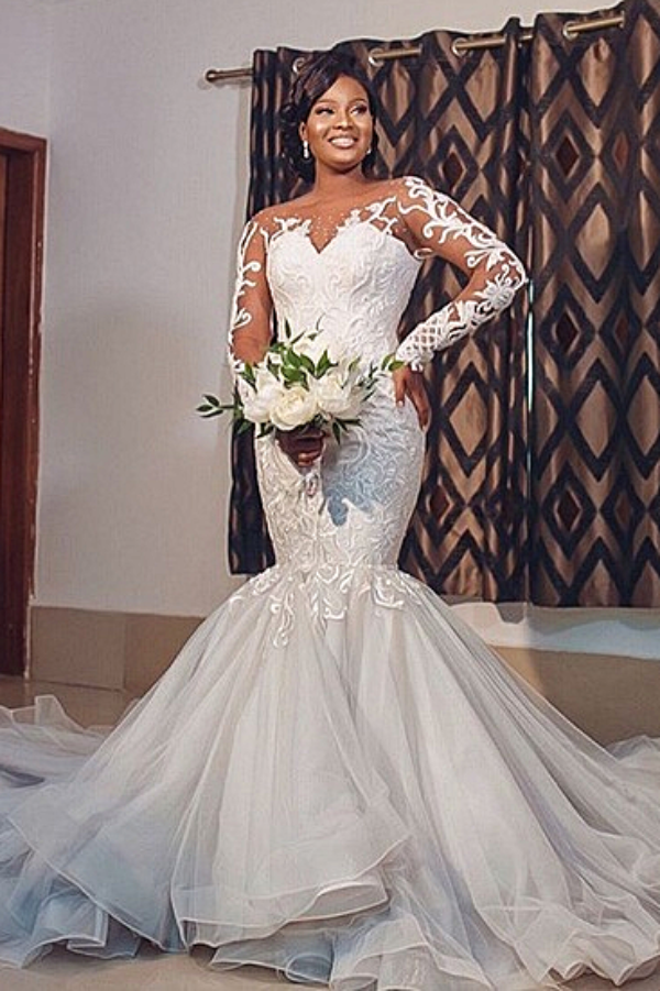 Sexy Sheer Tulle Long Sleeve Mermaid Appliques Wedding Dress