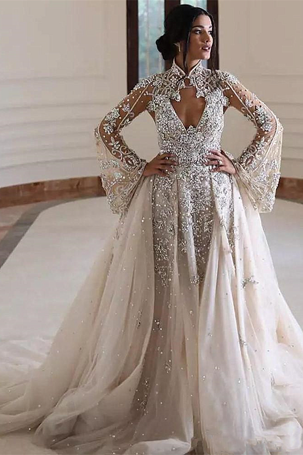 Luxury Retro Champagne Wedding Dress Crystals Sexy Open Back Bridal Gown